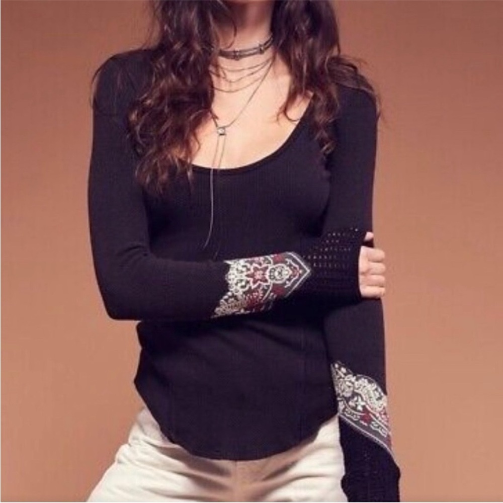 Free People Bandana‎ Cuff Knit Cuff Thermal Top in Black XS